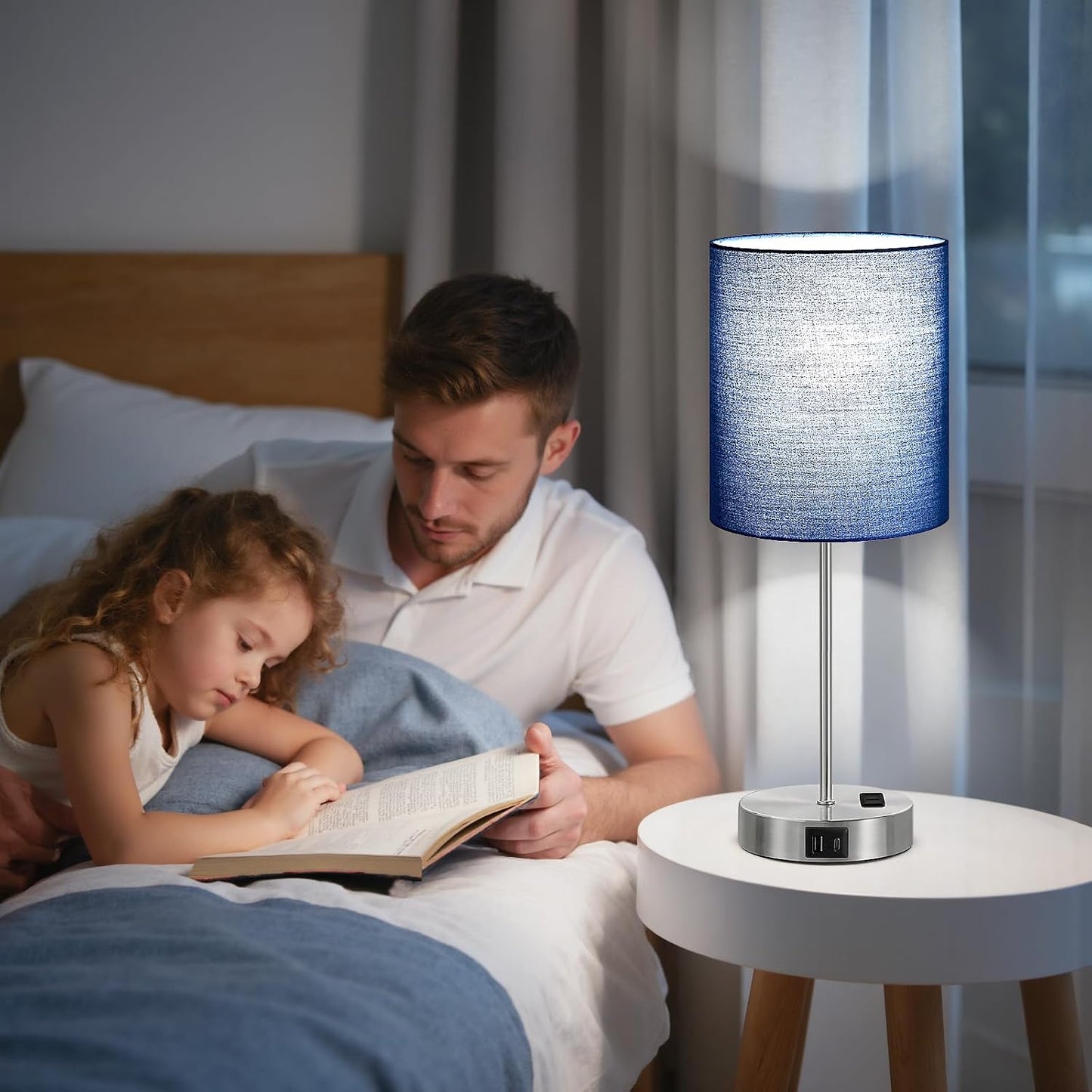 Touch Lamps for Bedroom Set of 2 - Dimmable, USB C+A, AC Outlet | Large 17.6" Tall Lamp, 3-Way Dimming, 5000K Daylight Bulbs, Navy Blue Lampshade Silver Base, Decor for Living Room, Boys, Men