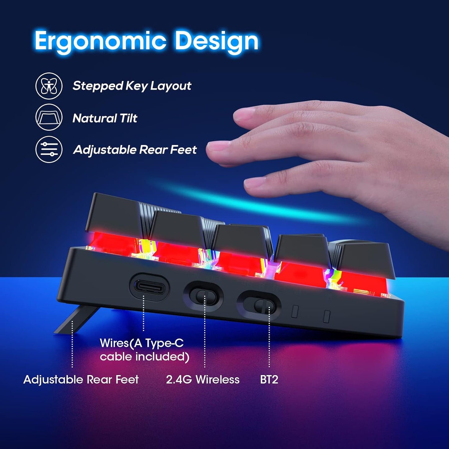 Pauroty 60% Wireless Mechanical Keyboard, Triple Mode 2.4G/USB-C/Bluetooth Gaming Keyboard, RGB Backlit, Clicky Blue Switch, 61 Keys Rechargeable Mini Wireless Keyboard for iPad Mac PC Xbox