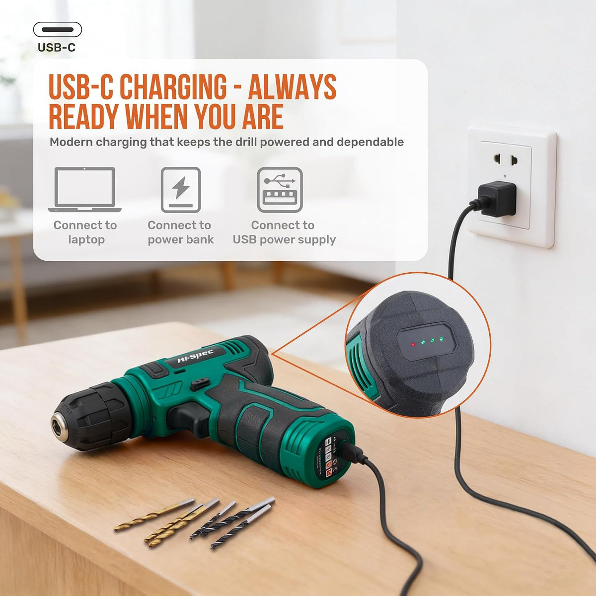 Hi-Spec 8V USB Power Drill Driver Bit Set with Hanging Kit for DIY, Green | faster bit changes, labeled storage, cleaner drilling and driving, portable case, workshop-ready layout, organized storage