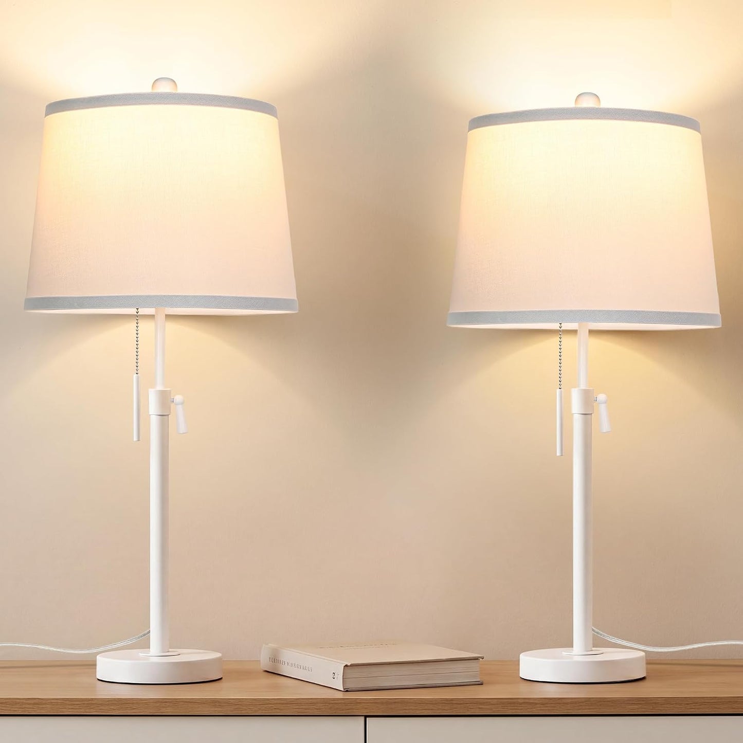 JUNNAI 2 Pack 22"-30" Adjustable Height Table Lamps Set, Modern Gold Table Lamps with White Shade 3 Colour Temperature Pull Chain Tall Lamps for Living Room Bedroom Bedside End Table Nightstand