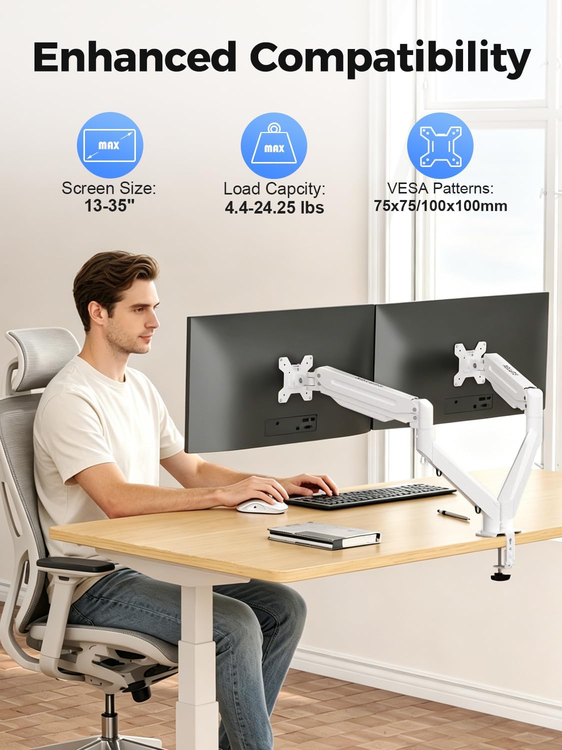 Suptek Dual Monitor Mount Stand-Height Adjustable Gas Spring Monitor Arm Desk Mount for 2 Monitor Screens 17 to 35 inches - Each Arm Holds up to 22lbs,White(MD8SPW)