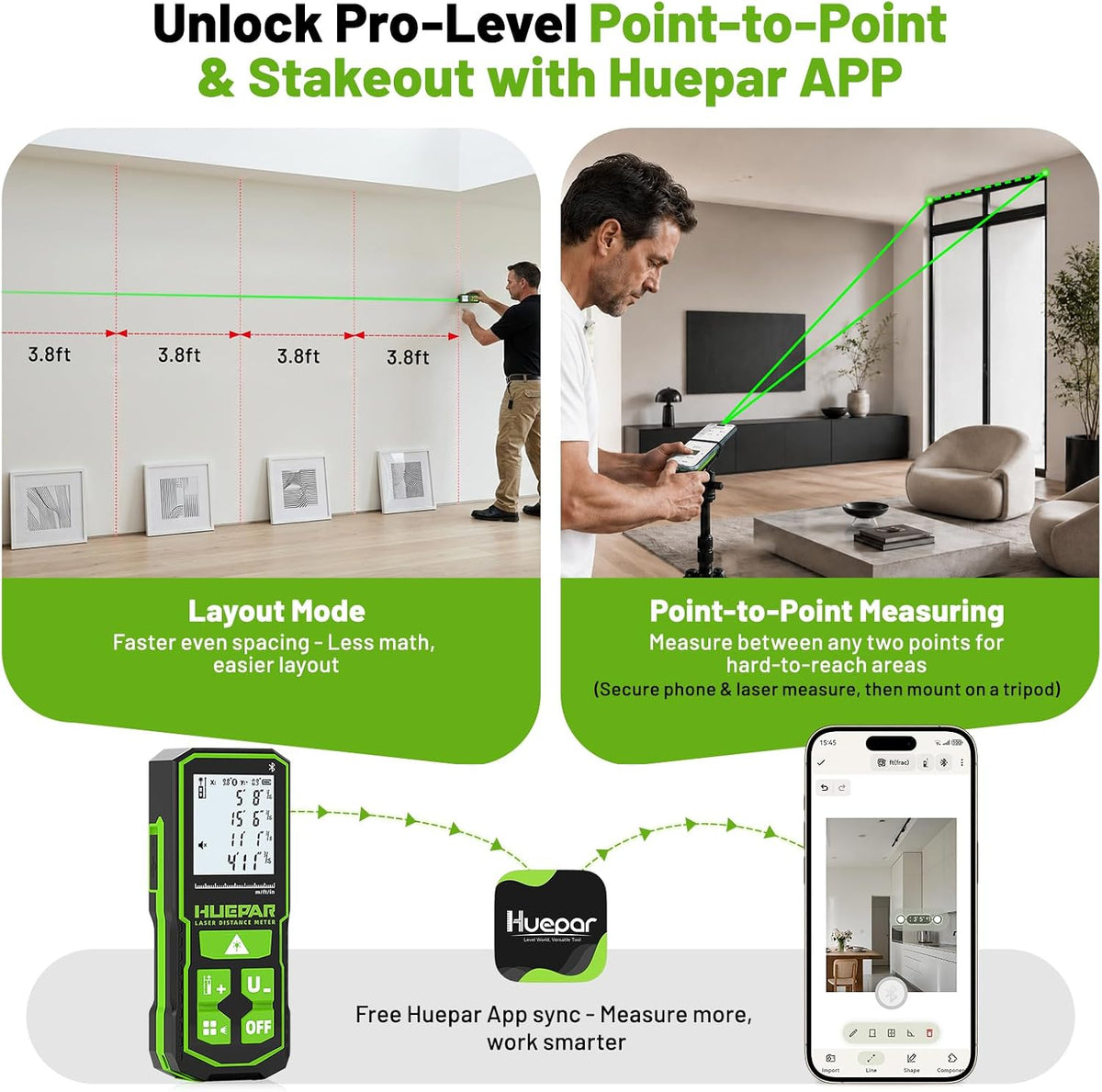 Huepar Bluetooth Green Laser Measuring Tool 200FT, S60-G-BT | APP Control, Green Beam, ±1/16" High Accuracy, Rechargeable USB-C Laser Distance Meter, Angle Sensor, IP54, Gifts for Men