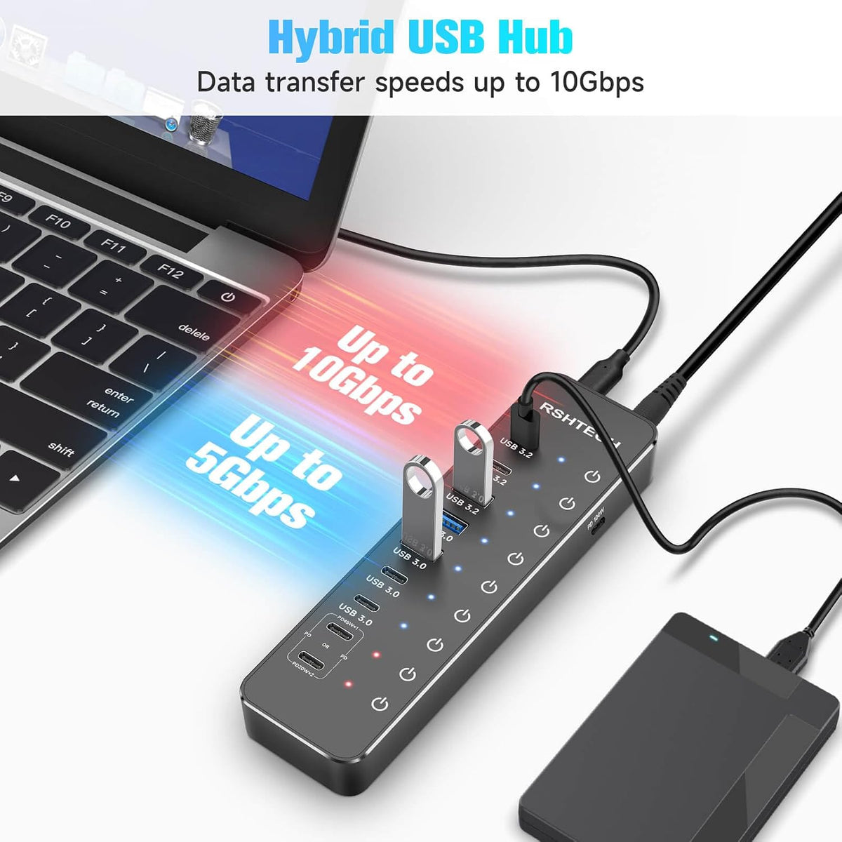 RSHTECH 10-Port 66W Powered USB C/USB 3.2 Hub 10Gbps for Data & PD Charging