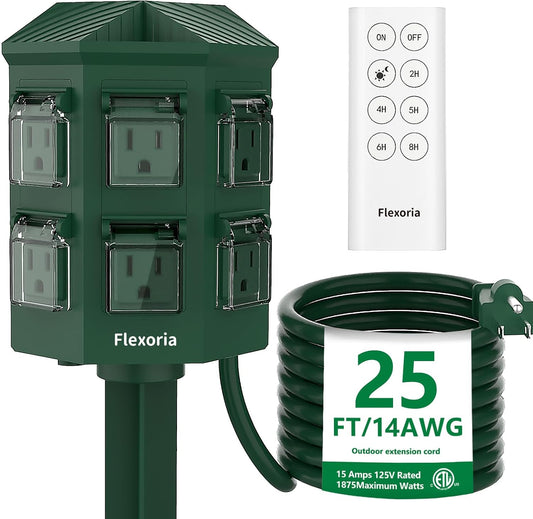 Outdoor Power Stake Timer, Remote Control Dusk to Dawn Light Timer, 25FT Extension Cord Waterproof, 6 Grounded Outlets for Graden and Yard Decorations, ETL Listed