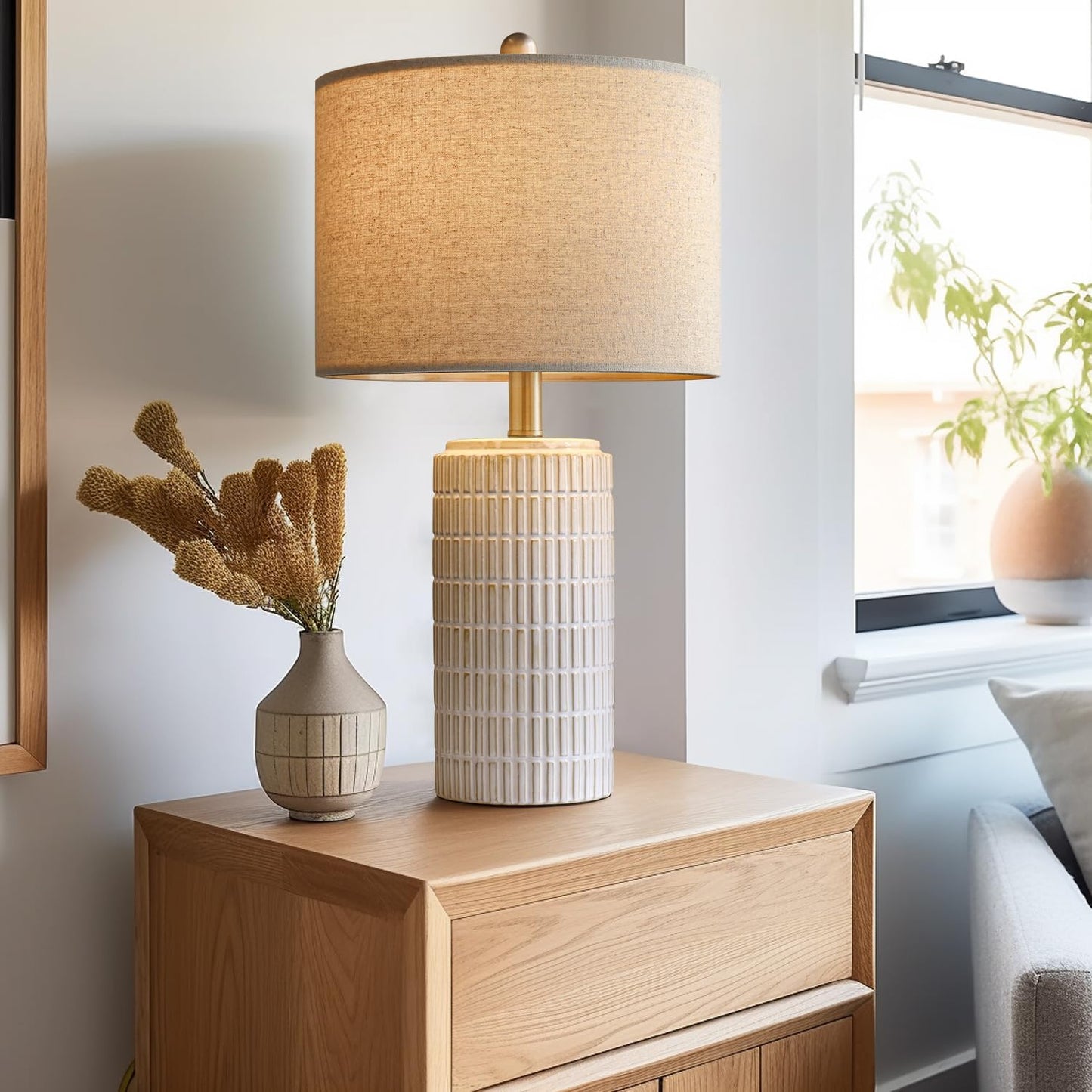 PoKat 23" Modern Ceramic Table Lamp Set of 2 for Living Room Bedroom, White | Nightstand Lamps for Bedside, farmhouse end table & desk light, ideal housewarming gift, new home decor for women mom