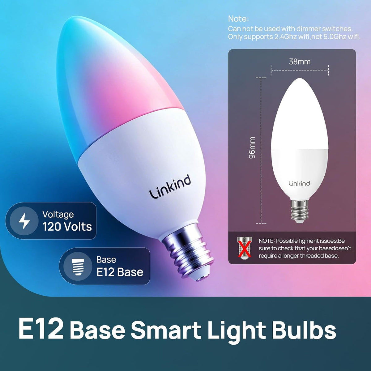 Linkind Matter E12 Led Bulb, Color Changing Smart Light Bulbs, 2 Pack