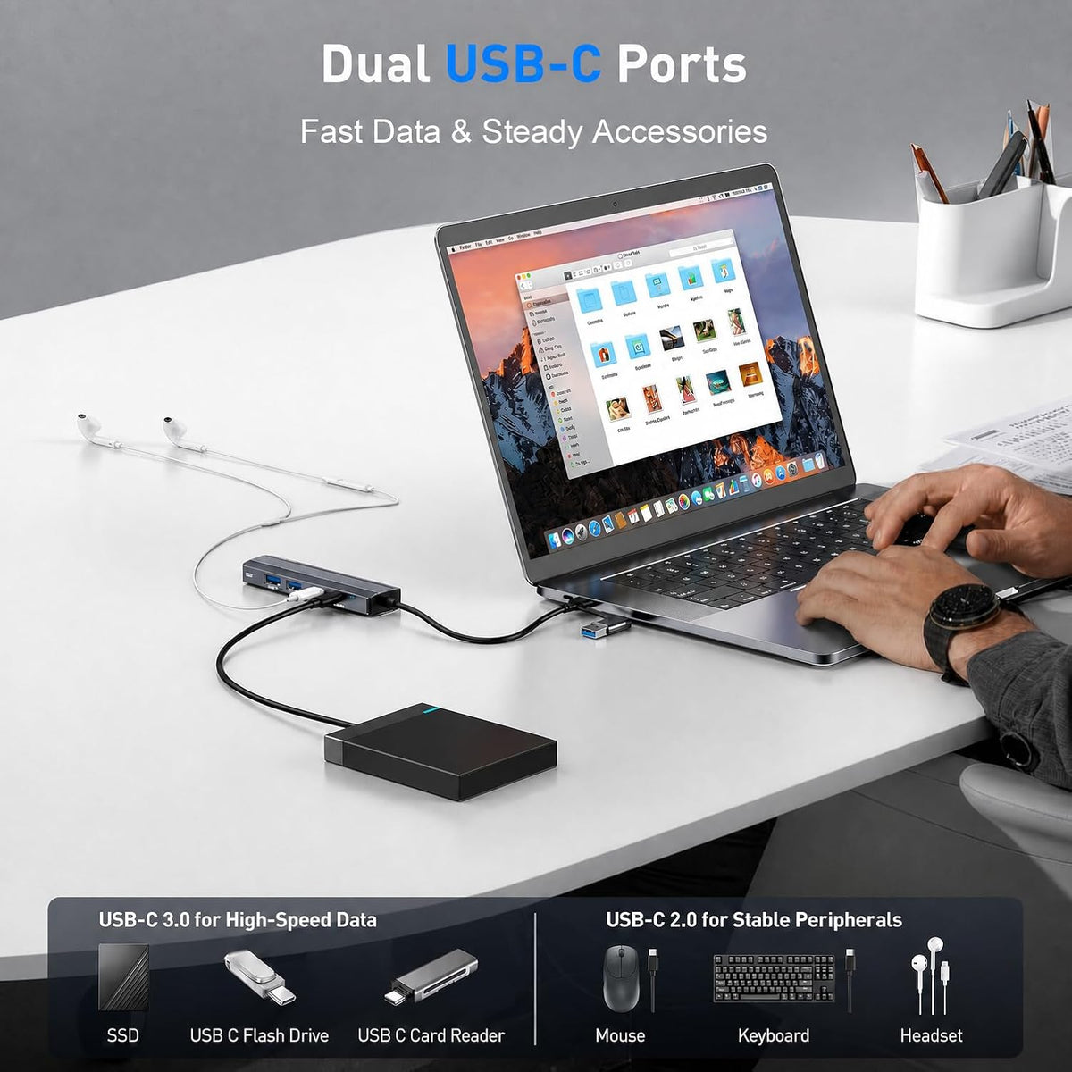 USB C/USB Hub with Ethernet, 5-in-2 Multiport Adapter for Laptop iPad