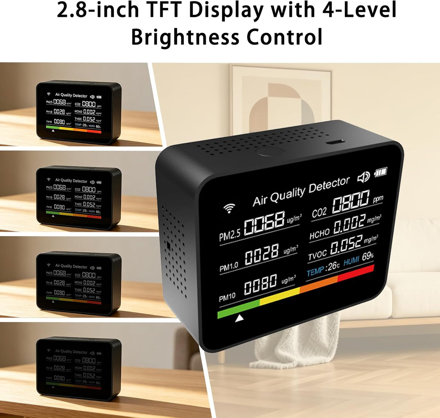 Home Air Quality Monitor, 13-in-1 Indoor Air Detector, Carbon Dioxide HCHO TVOC PM2.5 Monitor with Smart Alarm & Timer