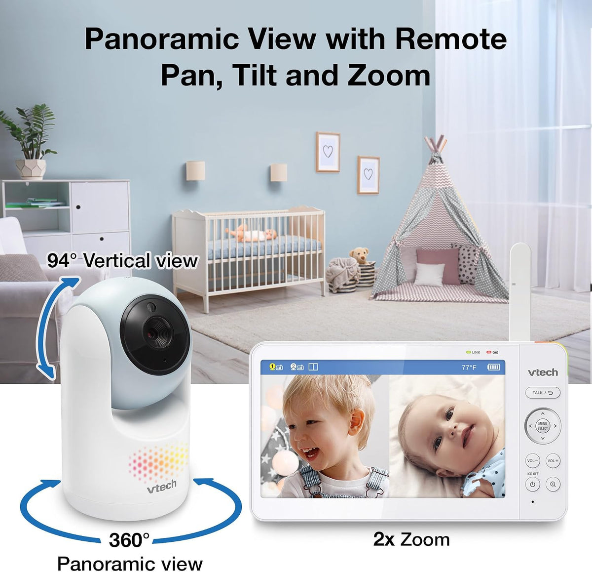 VTech Baby Monitor No WiFi, 2 Cameras, 7" Split IPS Screen, 5000mAh 12Hr Battery, 360° Pan Tilt Zoom, Night Vision, Night Light| Advanced Max Twin Blue