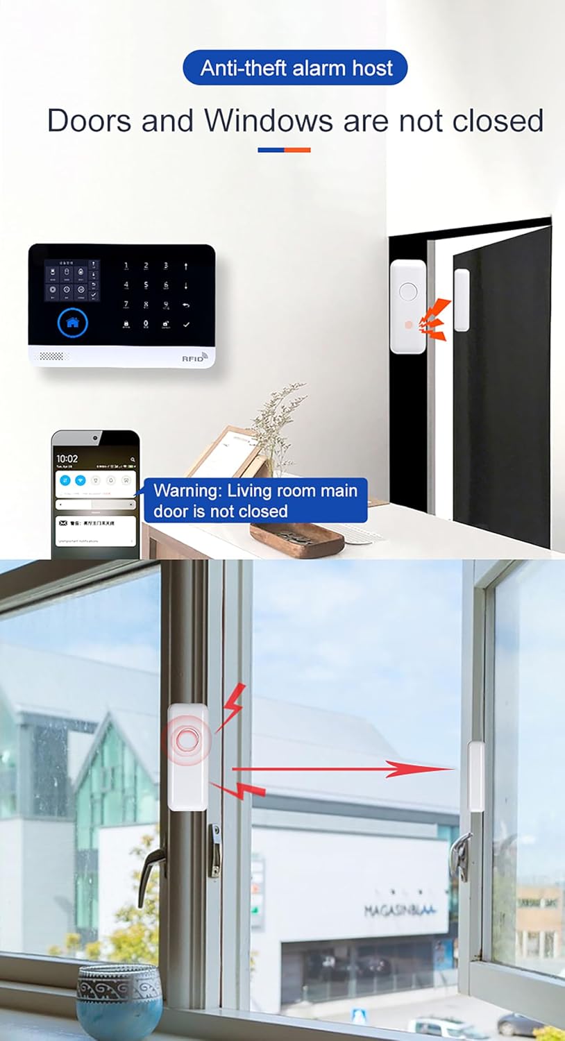 2G/4G Wireless Home Alarm Security System 9PCS 433MHz LCD Display with Host Remote Controls Alarm Window Door Sensor WiFi+GSM Auto Dial Alarm Compatible with Alexa Google Home Voice Control
