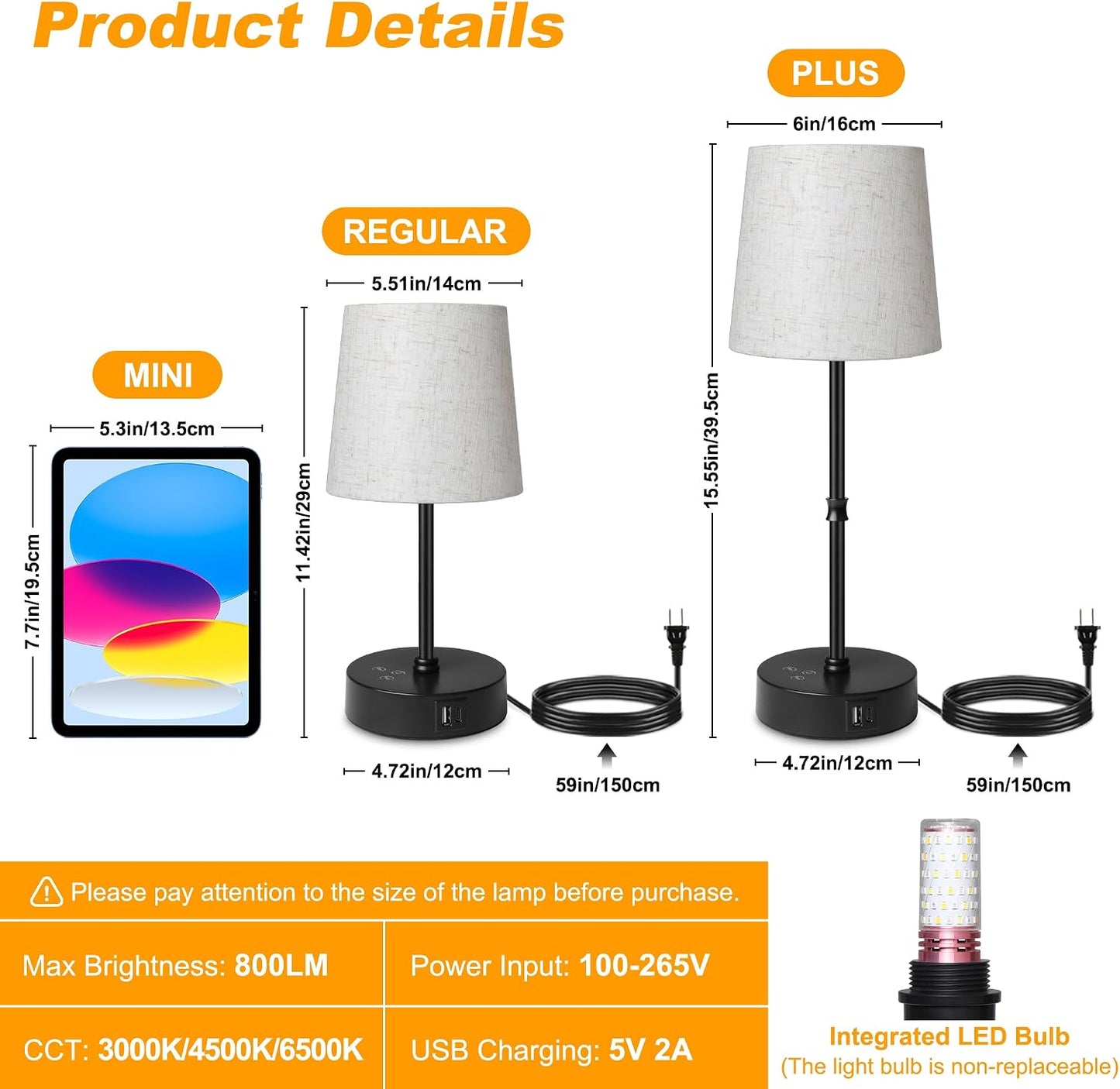 Ascher Bedside Table Lamp Set of 2, RGB Color Changing, 3 Color Temperatures, Dimmable Nightstand Lamp with USB C+A Ports, Touch Desk Lamp for Bedroom Living Room, H15.6in, Flaxen Shade
