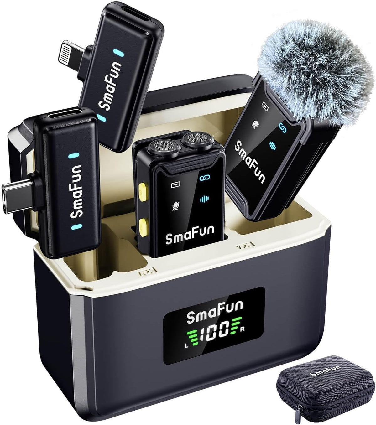 Wireless Microphone for iPhone Android, SmaFun TwinCast S2 Lavalier Microphone, 2 Mics 2 Receivers with Lightning USB-C, Noise Cancelling Clip On Mic, 48H Charging Case, 328FT for Video TikTok YouTube