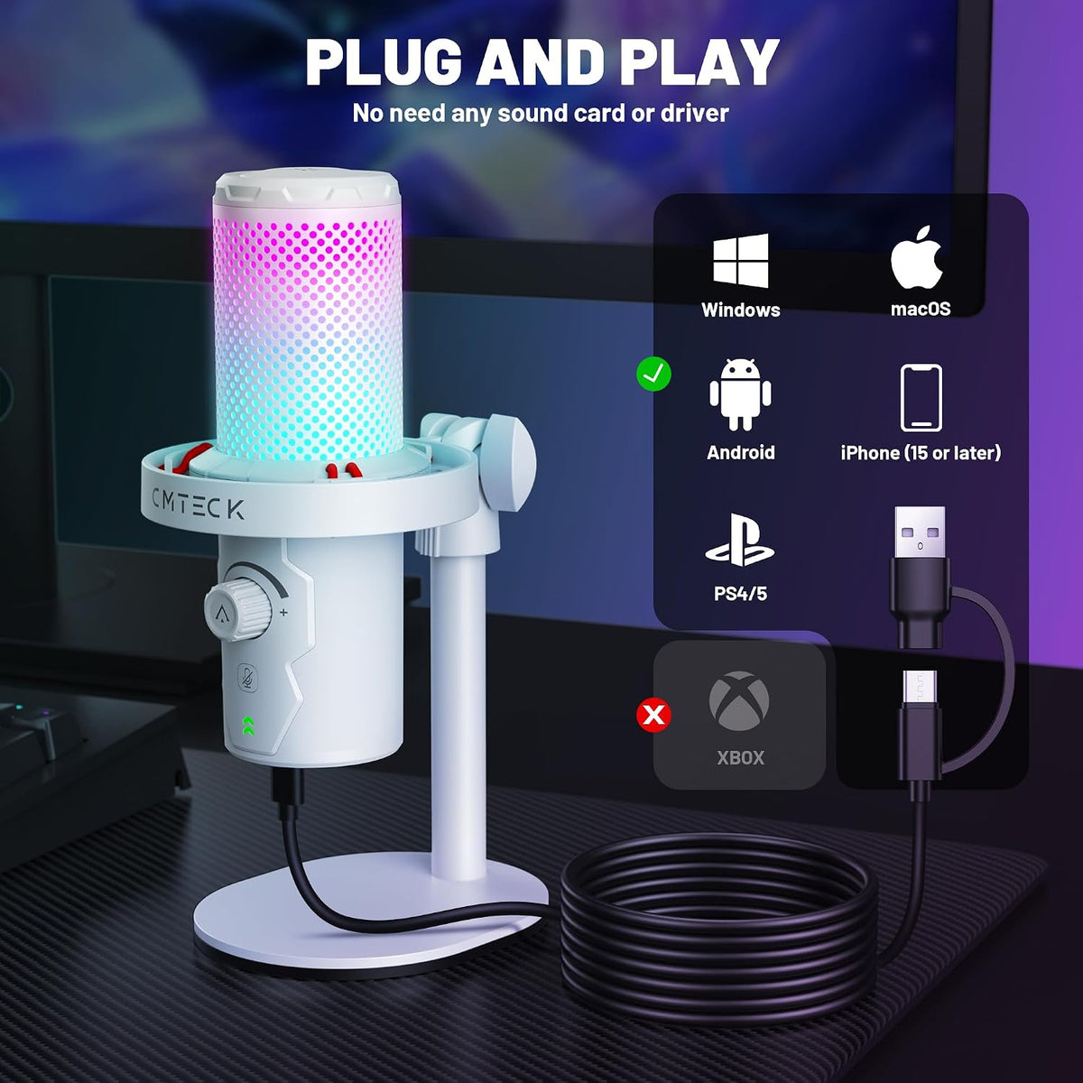 CMTECK USB Microphone, Studio-Quality, Customizable RGB Light for PC/Laptop