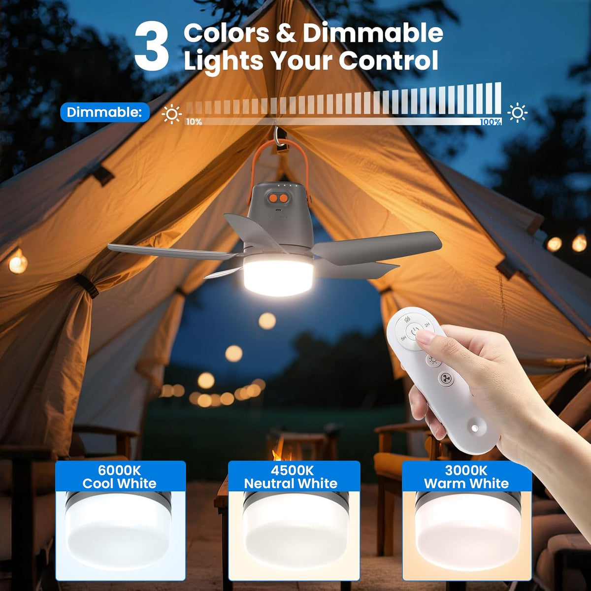 21" Portable Ceiling Fan with Light & Remote,20400mAh Battery Operated Outdoor Ceiling Gazebo Fan for Patios/Canopy/Cruise,Rechargeable Battery Powered Fan,Hangable Camping Light Fan,Camping Essential