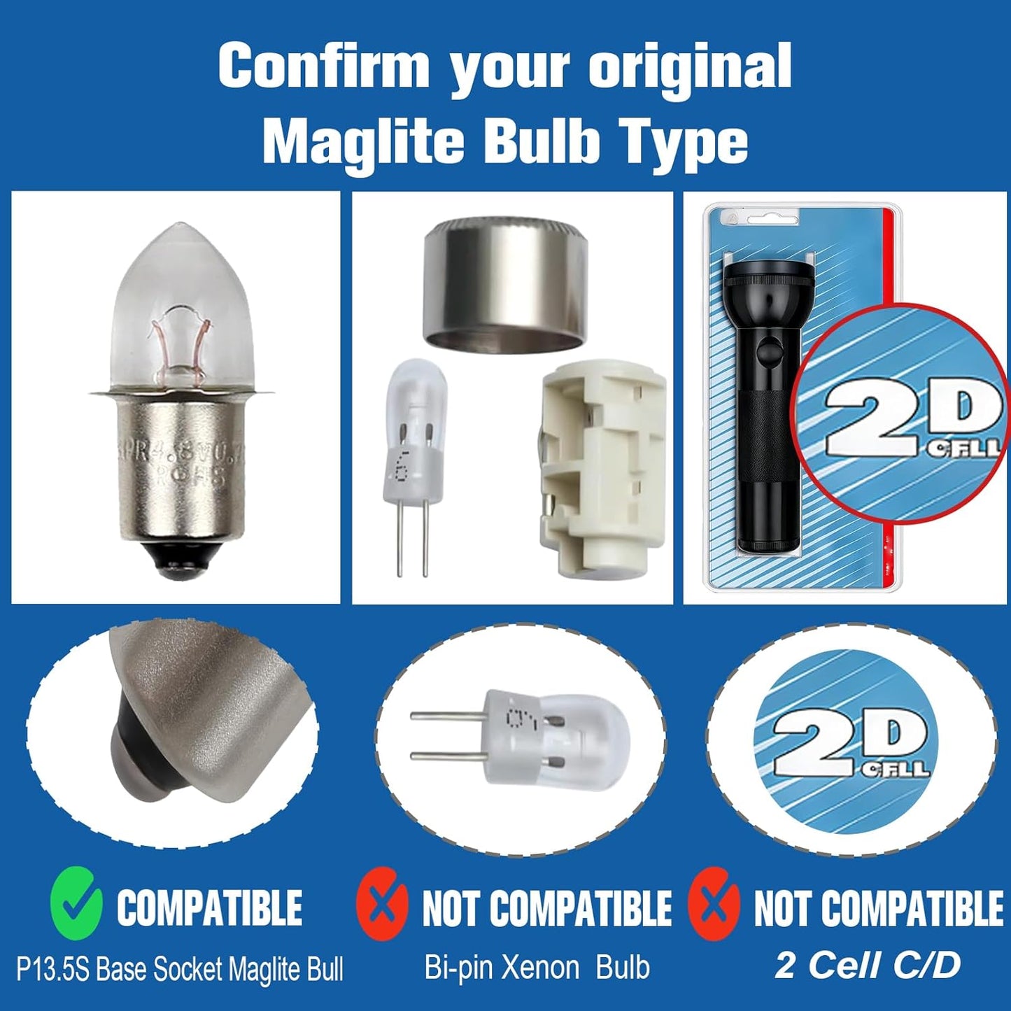 LED Conversion Kit for Maglite LED Bulb 3-16 Cell C/D, 3W DC 4-24V Flashlight Bulbs for Maglite Replacement Bulb 3D 4D 5D 6D 3 Cell 4cell 5cell 6cell(2 Pack)