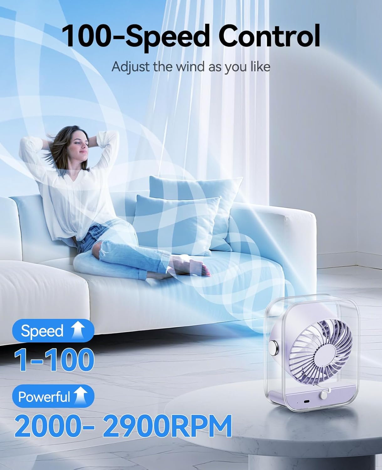 KIMMOO USB Desk Fan, Quiet Table Fan with Turbo Airflow, 100 Speeds, Digital Display, 90° Rotating, Small Rechargeable Battery Desktop Fans for Bedroom Home Office Travel, Lavender
