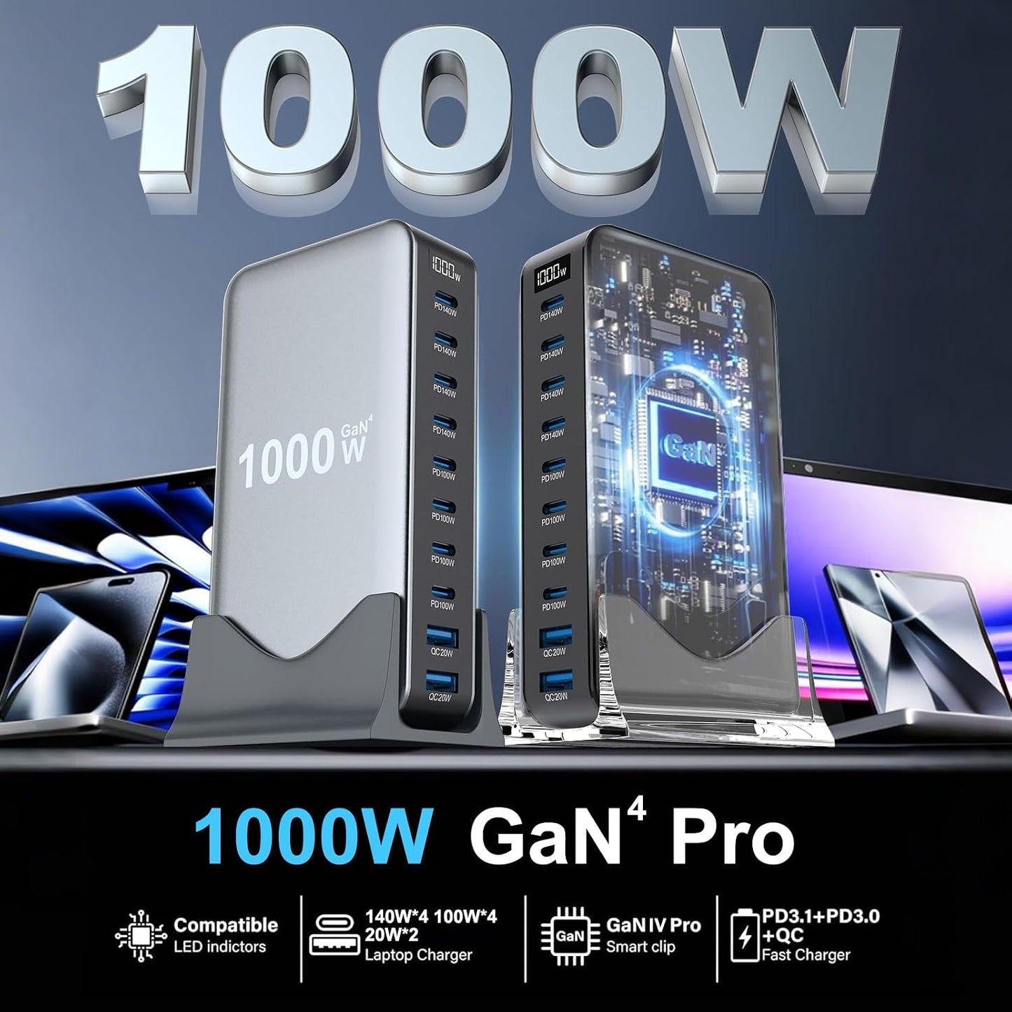 1000W USB C Fast Charger Block, 10 Port USB Charging Station, GaN Ⅳ Pro 140W PD PPS Port for Multiple Devices,Laptop Wall Charger Compatible with DELL, HP, MacBook Pro,iPhone17/16 pro,Galaxy S24.