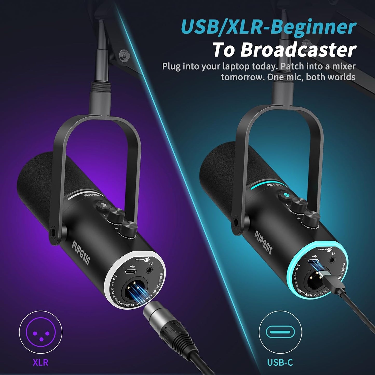 PUPGSIS XLR/USB Podcast Microphone, Gaming Mic with Mute Button, Reverb Effects, Noise Cancellation, Boom Arm Stand, Headphones Jack, Dynamic Microphone for Streaming/Recording/Gaming/Vocal-Black