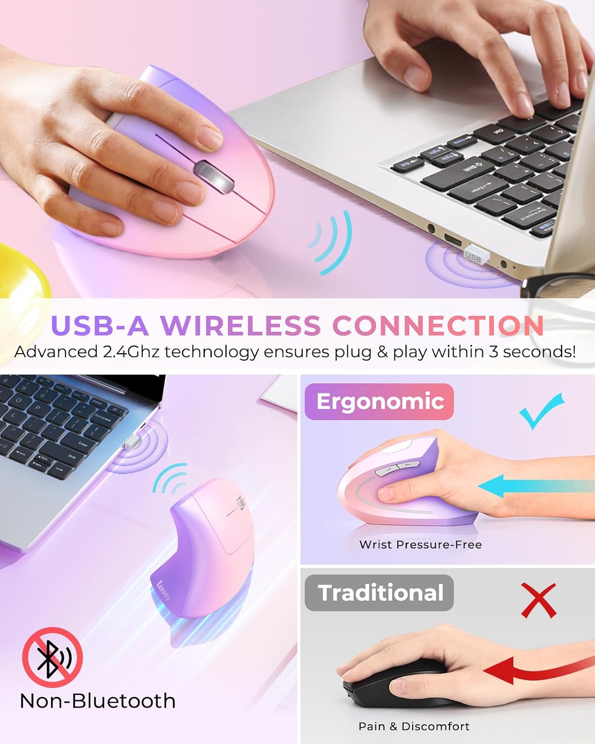 Lekvey Ergonomic Mouse, Vertical Wireless Mouse, Rechargeable, Pink Purple