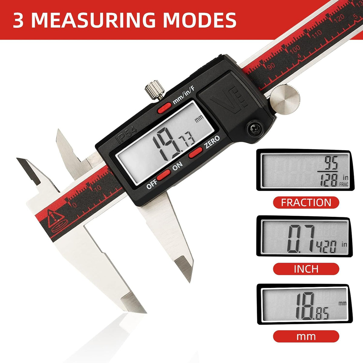 IP54 Grade Digital Caliper, DCLA-0605 6 Inch/150mm, Inch/Millimeter/Fraction Conversion, Stainless Steel, Large LCD Screen