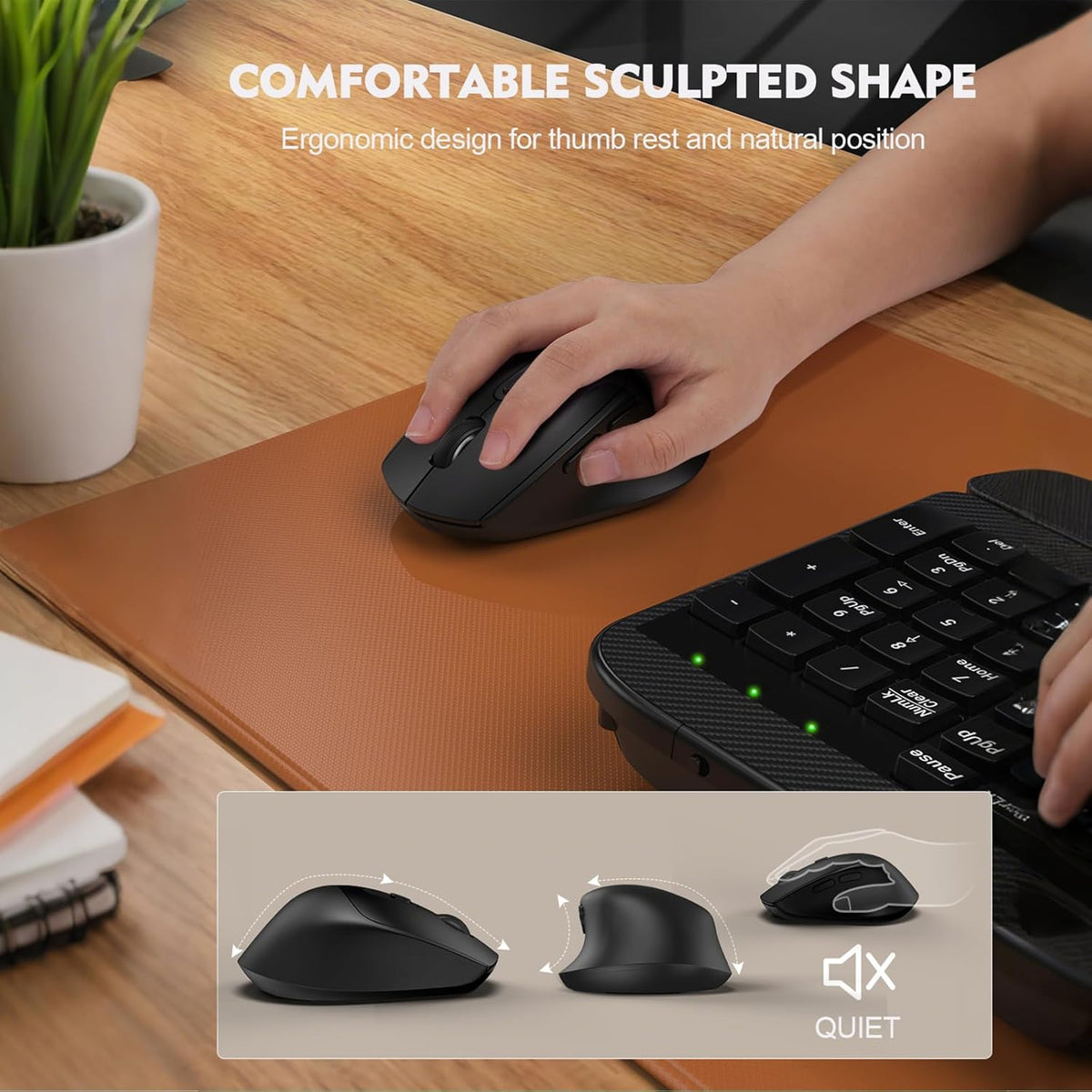 Wireless Keyboard and Mouse Combo, Full-Sized Ergonomic Wave Keys Keyboard with Memory Foam Wrist Rest & Phone Holder, 2.4G Quiet Keyboard Mouse Work Setup for PC Laptop, Office or Home (Black)