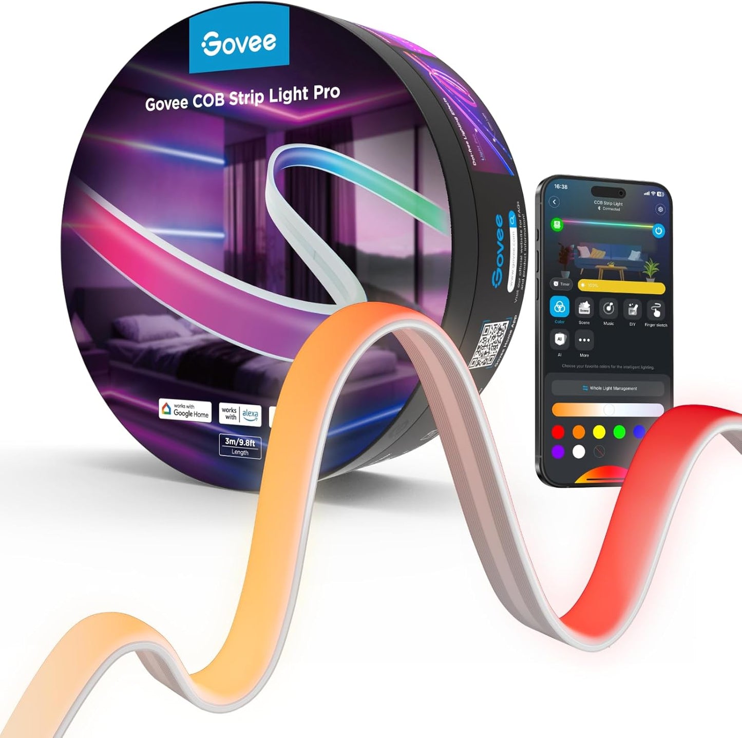 Govee 9.8ft COB LED Strip Light Pro, RGBICW Light with Warm White, WiFi | Work with Alexa, Google Assistant and Matter, Smart Strip Lights, LED Lights for Bedroom, Color Changing