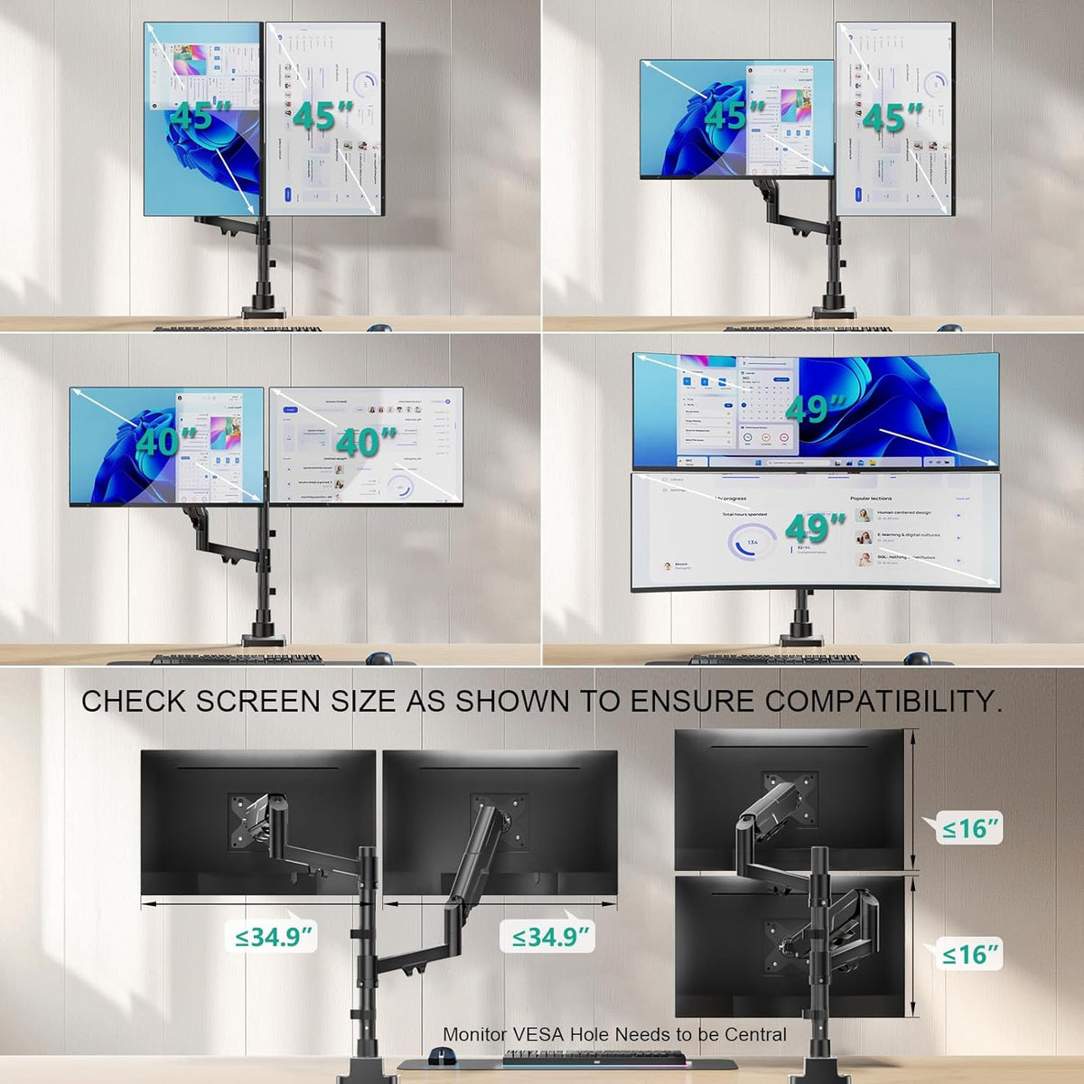 WALI Vertical Dual Monitor Mount for 17-49 inch Curved Screens, up to 33lbs