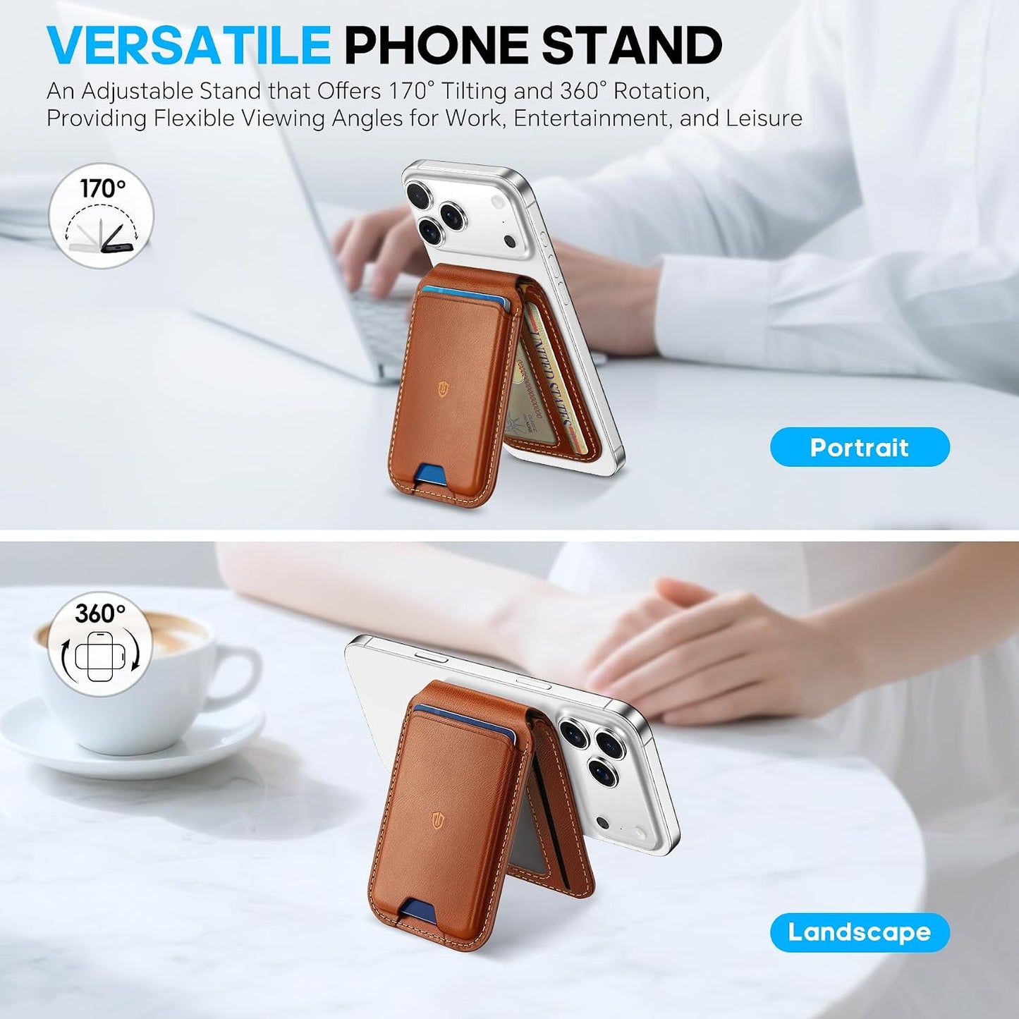 SHIELDON Genuine Leather Magnetic Wallet Stand for MagSafe, Retro Brown | Strong Magnetic, Card Holder, Kickstand, Angle Adjustment, Rfid Blocking, for iPhone 17/16/15/14/13/12 Series & Magnet Case