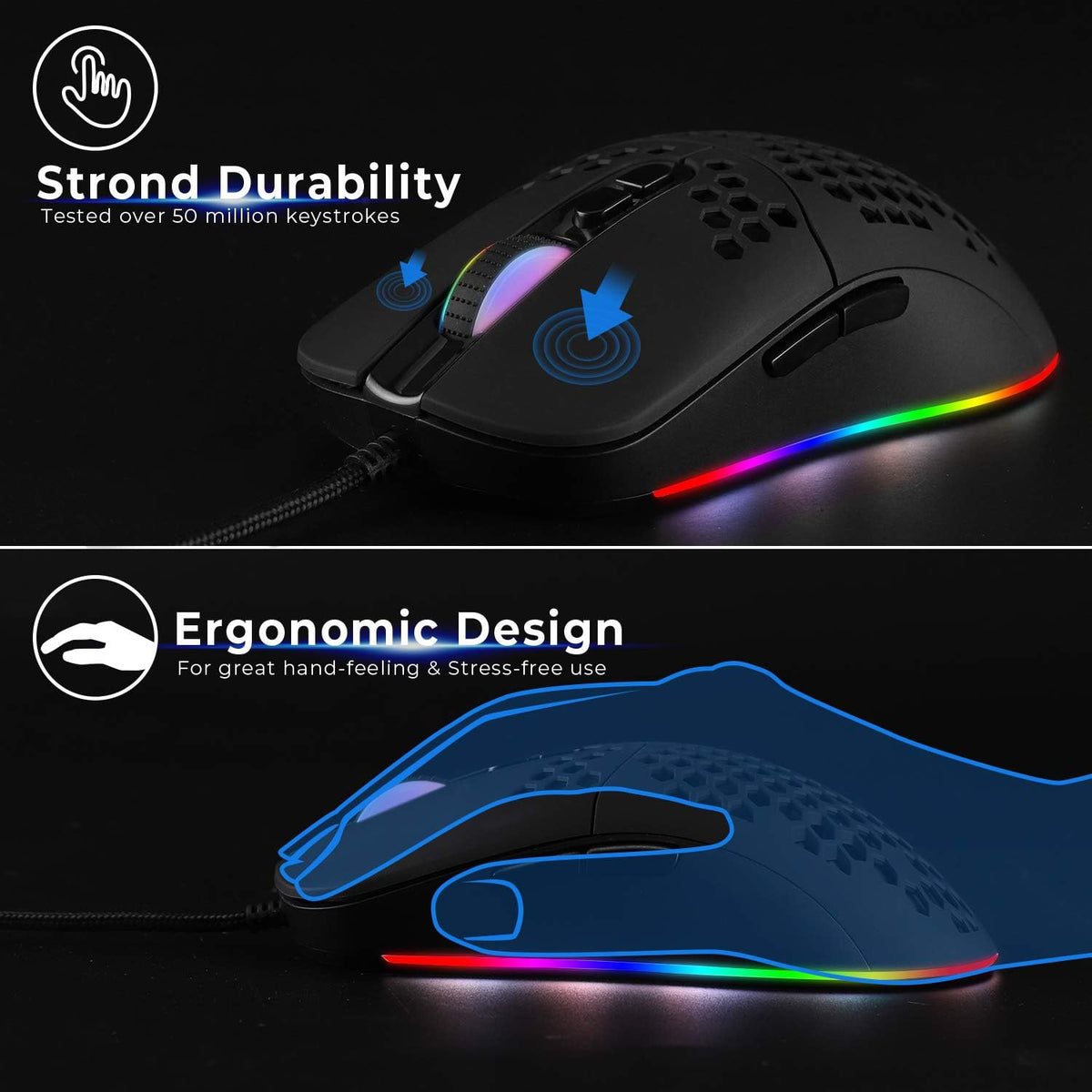 HXMJ Wired USB C Gaming Mice,Lightweight Honeycomb,7200DPI,Corded Mouse with RGB Backlit for Apple MacBook,Tablets,Computer or Laptops with Type C Port