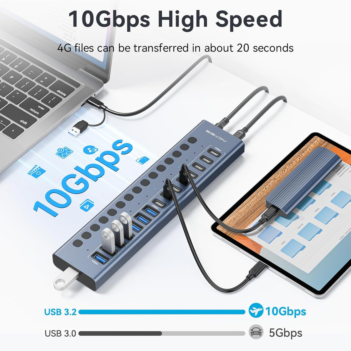 ACASIS 16 Ports Powered USB 3.2 Hub (8 USB-A 3.2 +8 USB-C 3.2), 10Gbps | Individual On/Off Switch for Each Port • Aluminum Housing • Better Heat Dissipation • Plug & Play • 96W Power Adapter