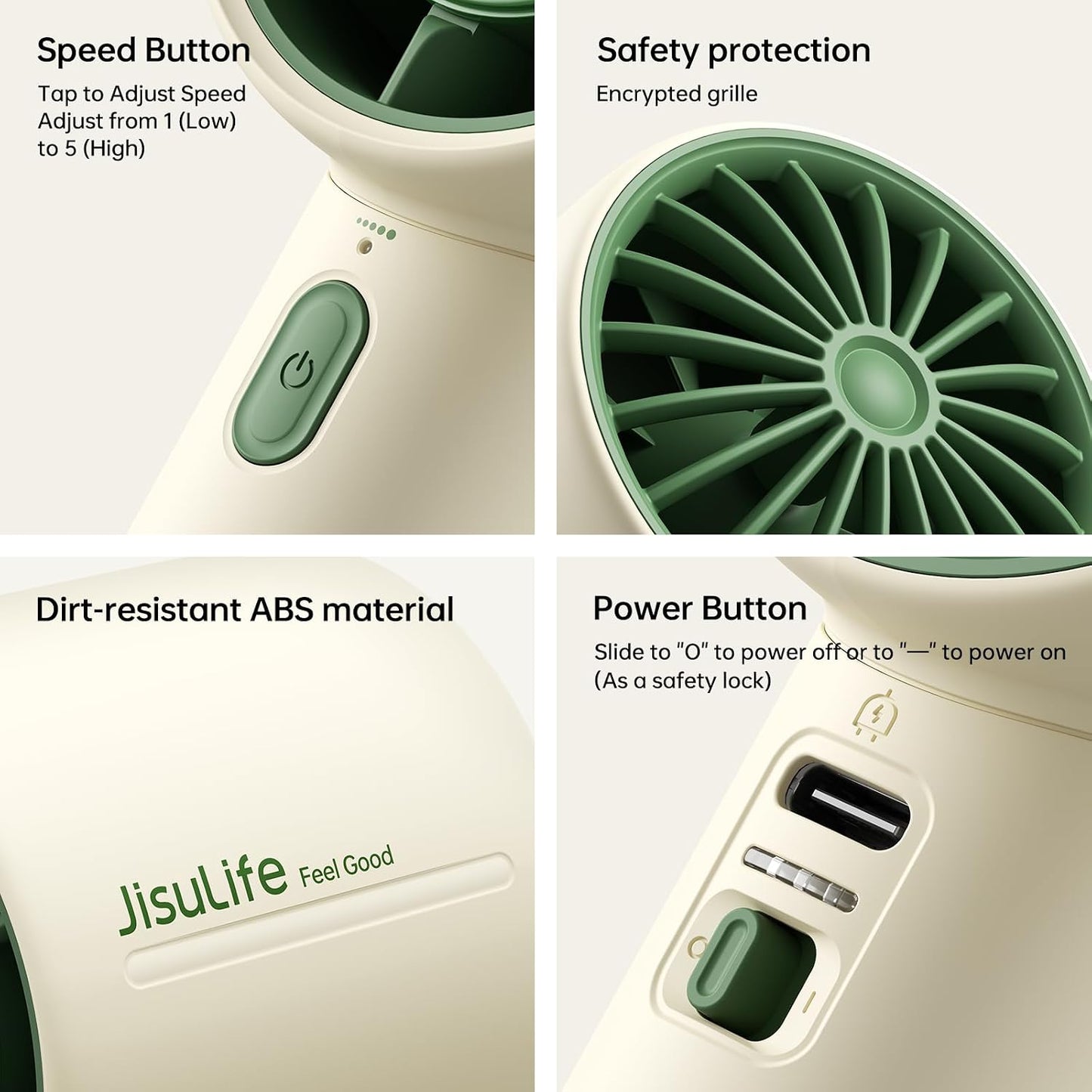 JISULIFE Handheld Turbo Fan, 4000mAh Rechargeable, 5-Speed - Beige | 22H Max Runtime, Powerful Airflow, Ultra-Quiet, with Neck Strap & Stickers Included, Gift for Women, Men & Kids