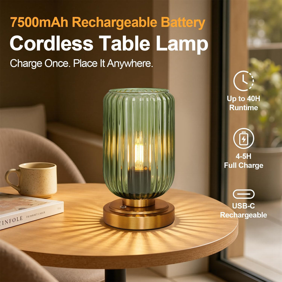 LightRound Cordless Table Lamp for Bedroom, 7500mAh Rechargeable Battery Operated Lamp, Modern Touch Dimmable Wireless Lamp Gold Base Green Glass Shade for Living Room, Desk, Led Bulb Included