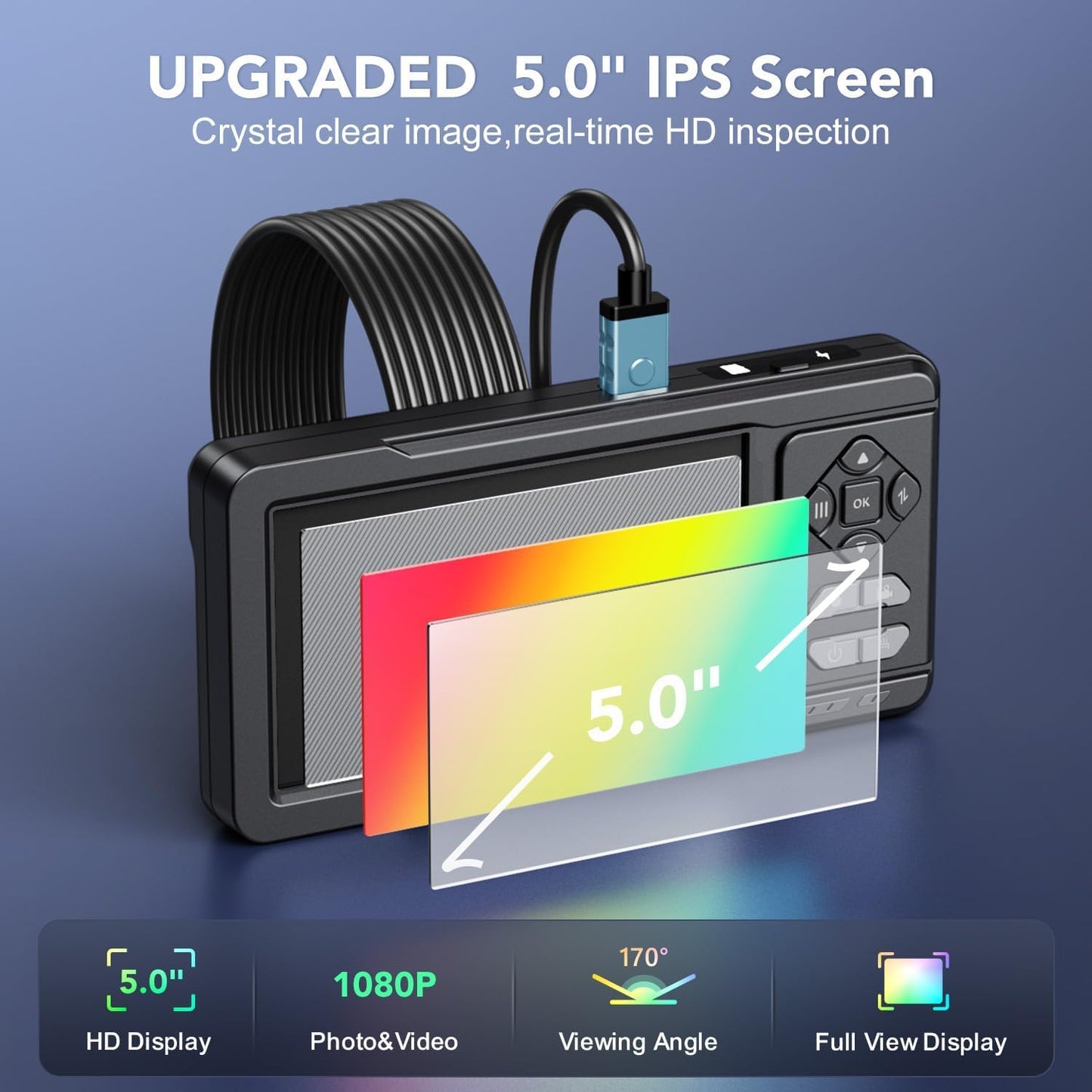 Dual Lens 5" IPS Endoscope Camera with Lights, 1080P Borescope Camera | AukonVee IP67 Waterproof Industrial Snake Camera, 16.5ft Semi-Rigid Cable, Comes with 32GB Memory Card