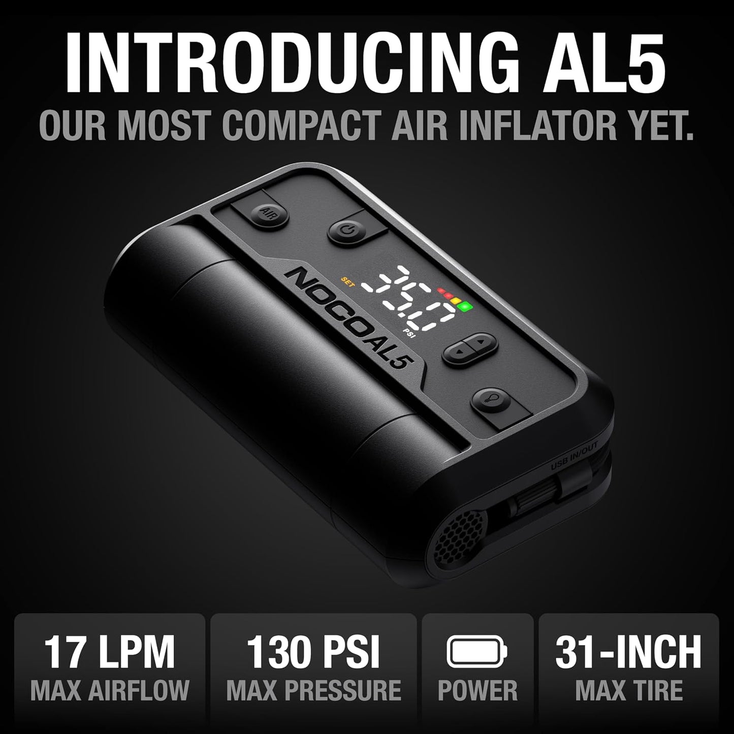 NOCO Air AL5 17 LPM 12V Cordless Tire Inflator & Portable Air Compressor | Inflates 0-40 PSI in 7 Minutes, 130 PSI, Digital Gauge & Auto-Shutoff, USB-C Rechargeable Power Bank, Tires up to 31 Inches