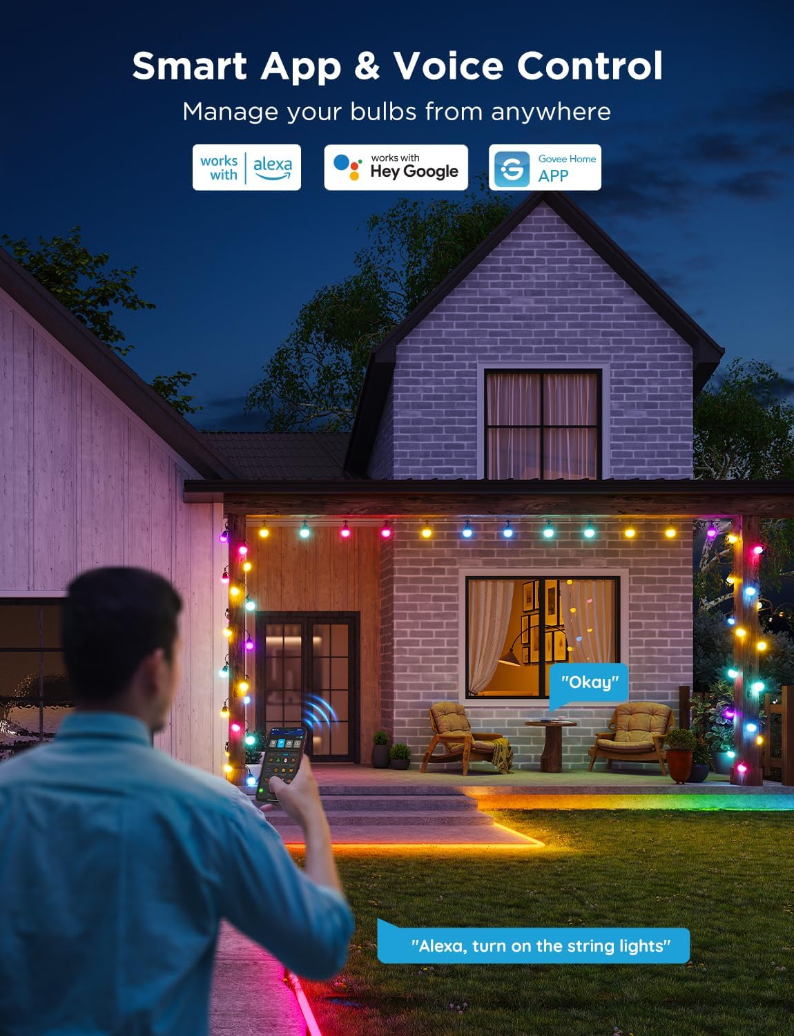 Govee Smart Outdoor String Lights 2, 144ft RGBIC Patio Lights with 45 Bulbs | Dimmable Warm White LED Bulbs, IP65 Waterproof, 47 Scene Modes for Backyard, Balcony, Work with Alexa, App Control