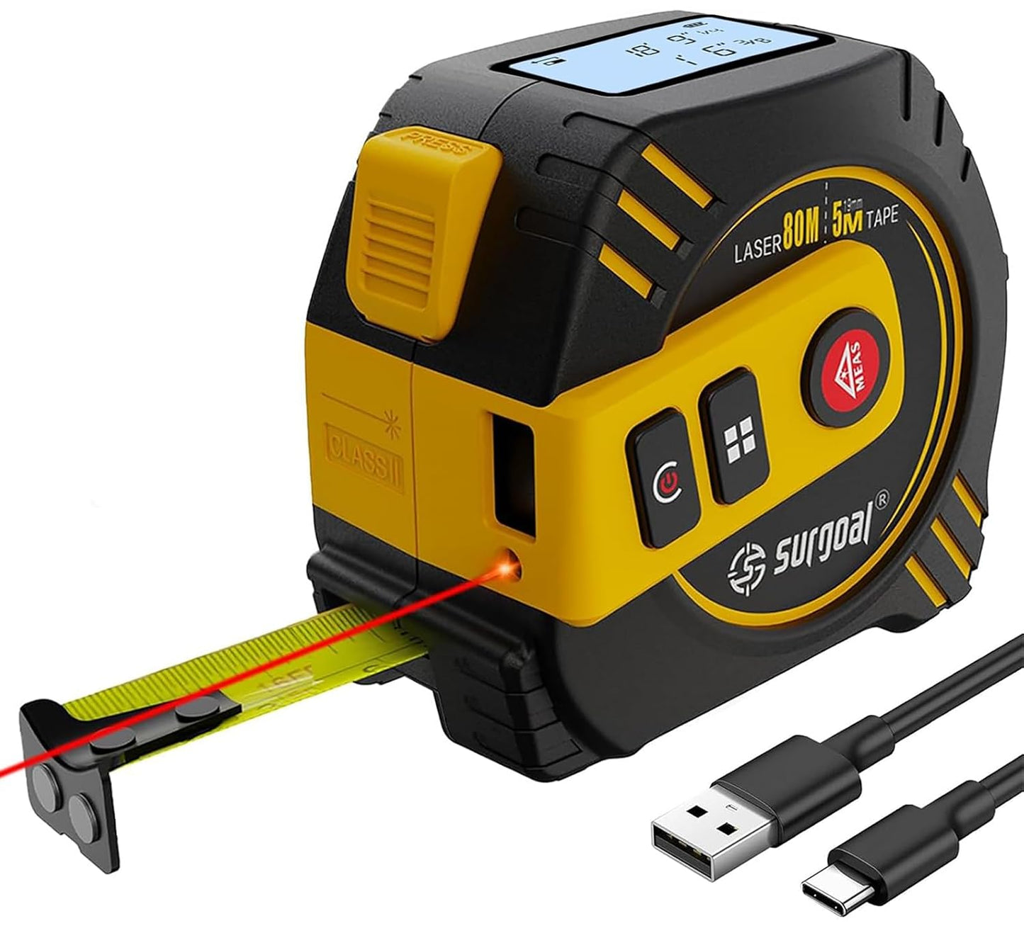 2-in-1 Laser Tape Measure USB-C Recharge 262Ft Laser & 16Ft Tape Red-Beam | Digital Tape with Laser, Magnetic Hook, Area / Volume / Pythagorean, Ft/In/Ft+In/M, Front/Back Reference Home DIY Woodworking