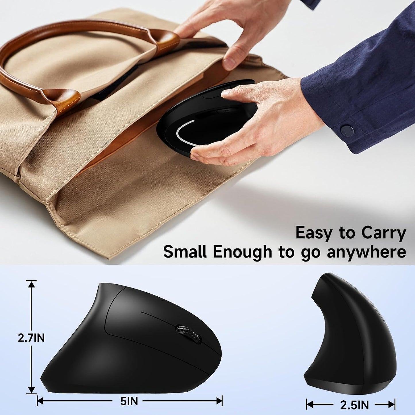 Ergonomic Vertical Wireless Mouse Stylish Rechargeable 2.4G Optical Mice Cordless Mouse with USB Receiver, 800/1200 /1600 DPI, 5 Buttons for Laptop,PC,Mac,Computer (Black)