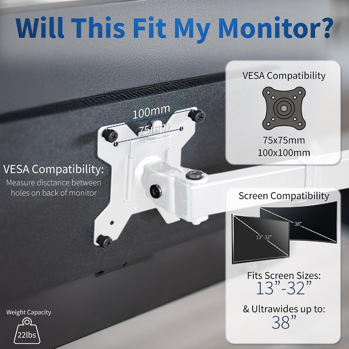 VIVO Single Monitor Arm Desk Mount, Holds Screens up to 32 inch Regular and 38 inch Ultrawide, Fully Adjustable Stand with C-Clamp and Grommet Base, VESA 75x75mm or 100x100mm, White, STAND-V001W