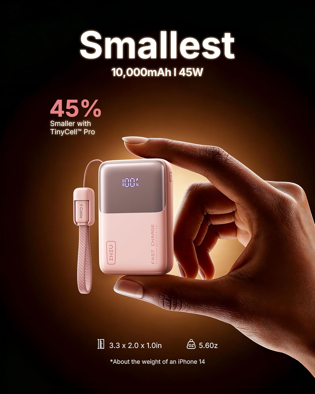 INIU Portable Charger, Ultra Mini 10000mAh 45W Fast Charging Power Bank | Flight-Safe, USB-C Cable, Travel Essential, 45W Battery Phone Pack for iPhone 17 16 Samsung S26 Google iPad etc, Light Pink