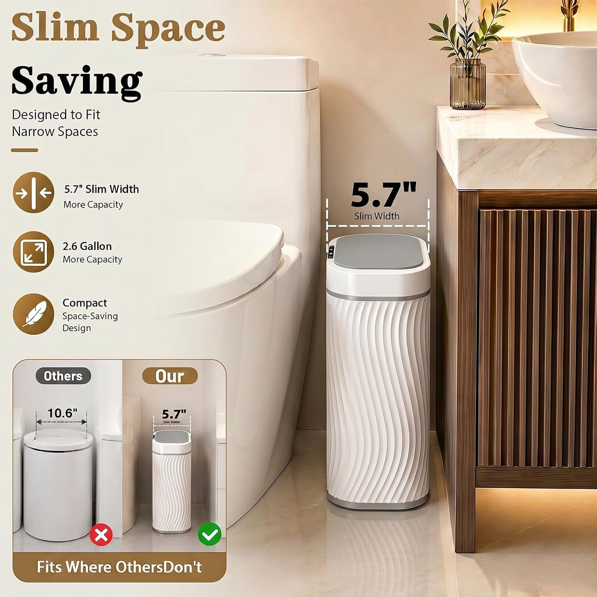 2.6 Gallon Automatic Bathroom Trash Can with Touchless Lid, White Grey