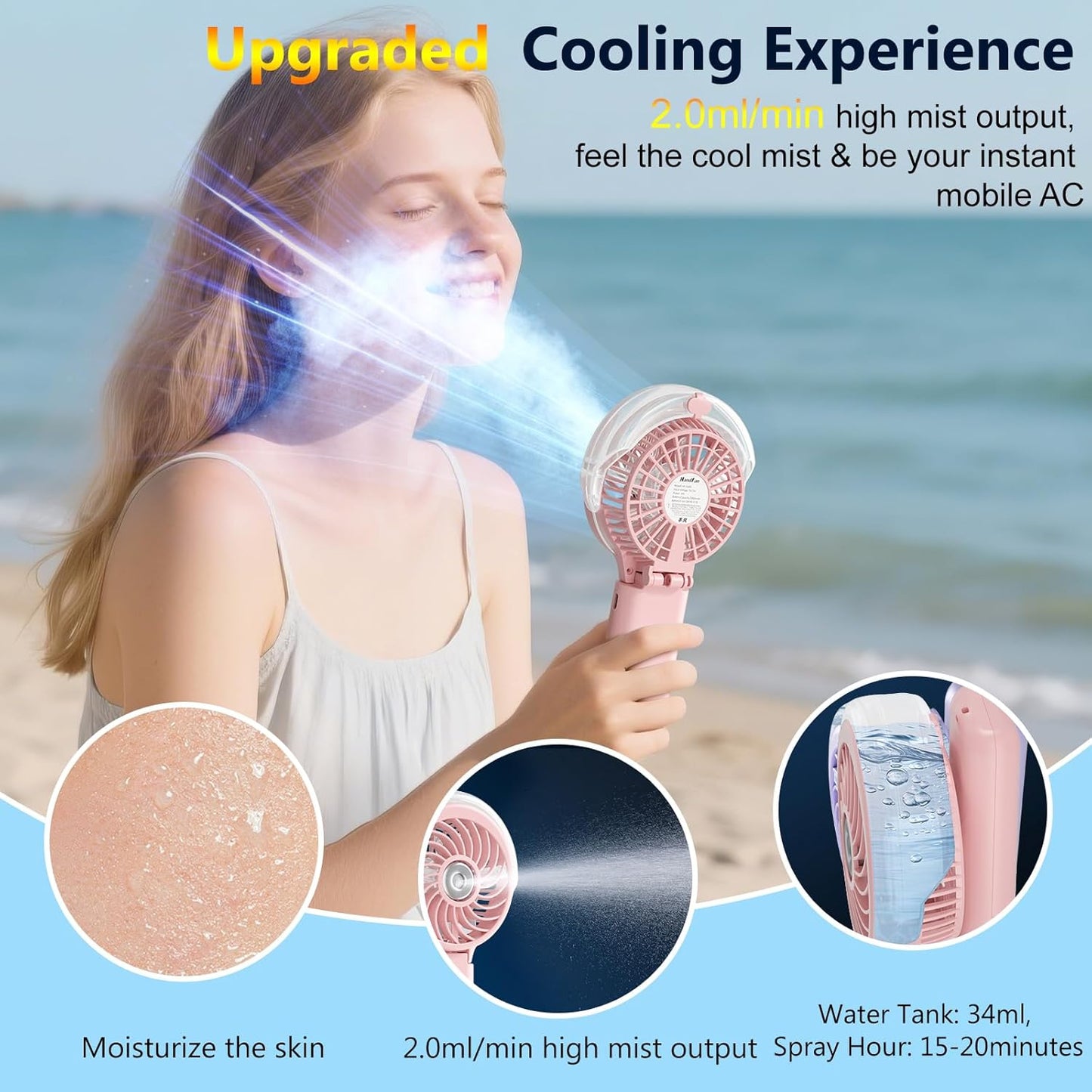 HandFan 5200mAh Upgraded Handheld Misting Fan, Personal Mister Fan, Spray Water Mist Fans USB Rechargeable, Electric Mini Cooling Ice AC Fans for Summer Beach Travel Gifts for Women(Pink)