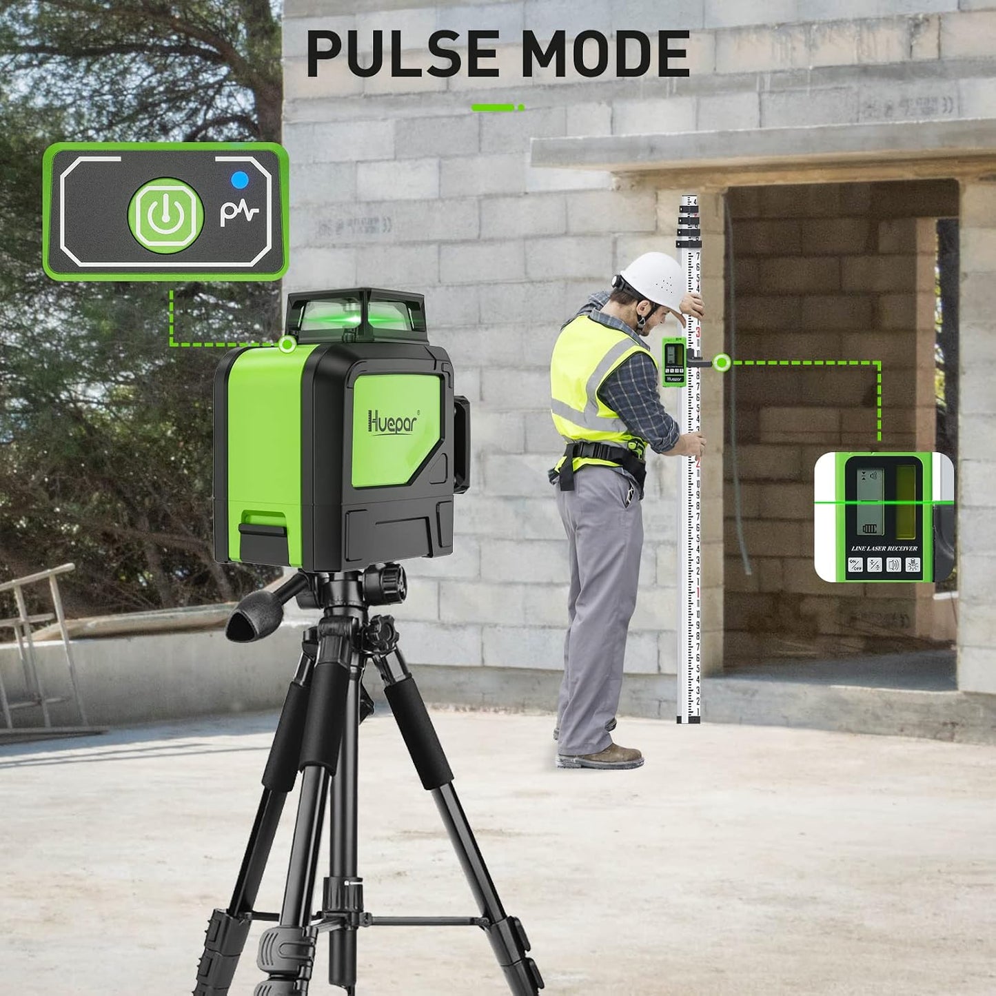 HUEPAR Self-Leveling Laser Level, 2×360 Green Beam Cross Line Laser Tool, Alignment 360-Degree Horizontal Line with Pulse Mode, Magnetic Pivoting Base Included