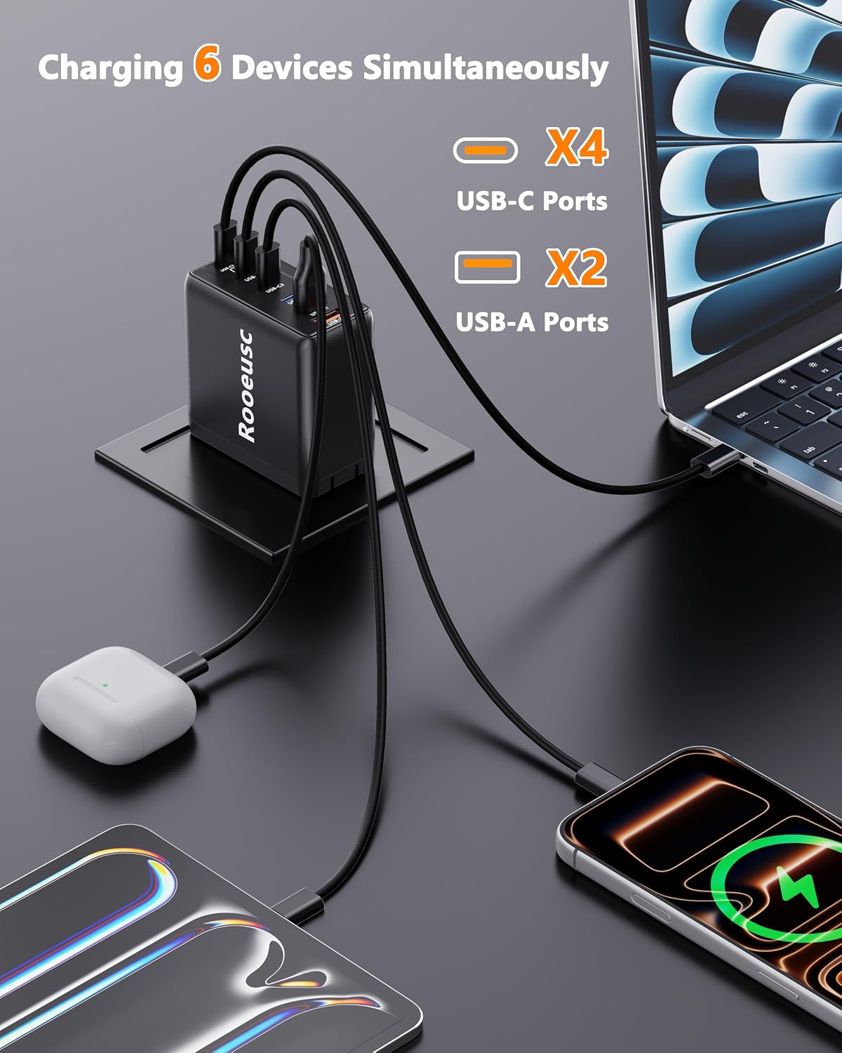 300W USB C Laptop Charger with 2 USB Cables 6Port Dual 100W