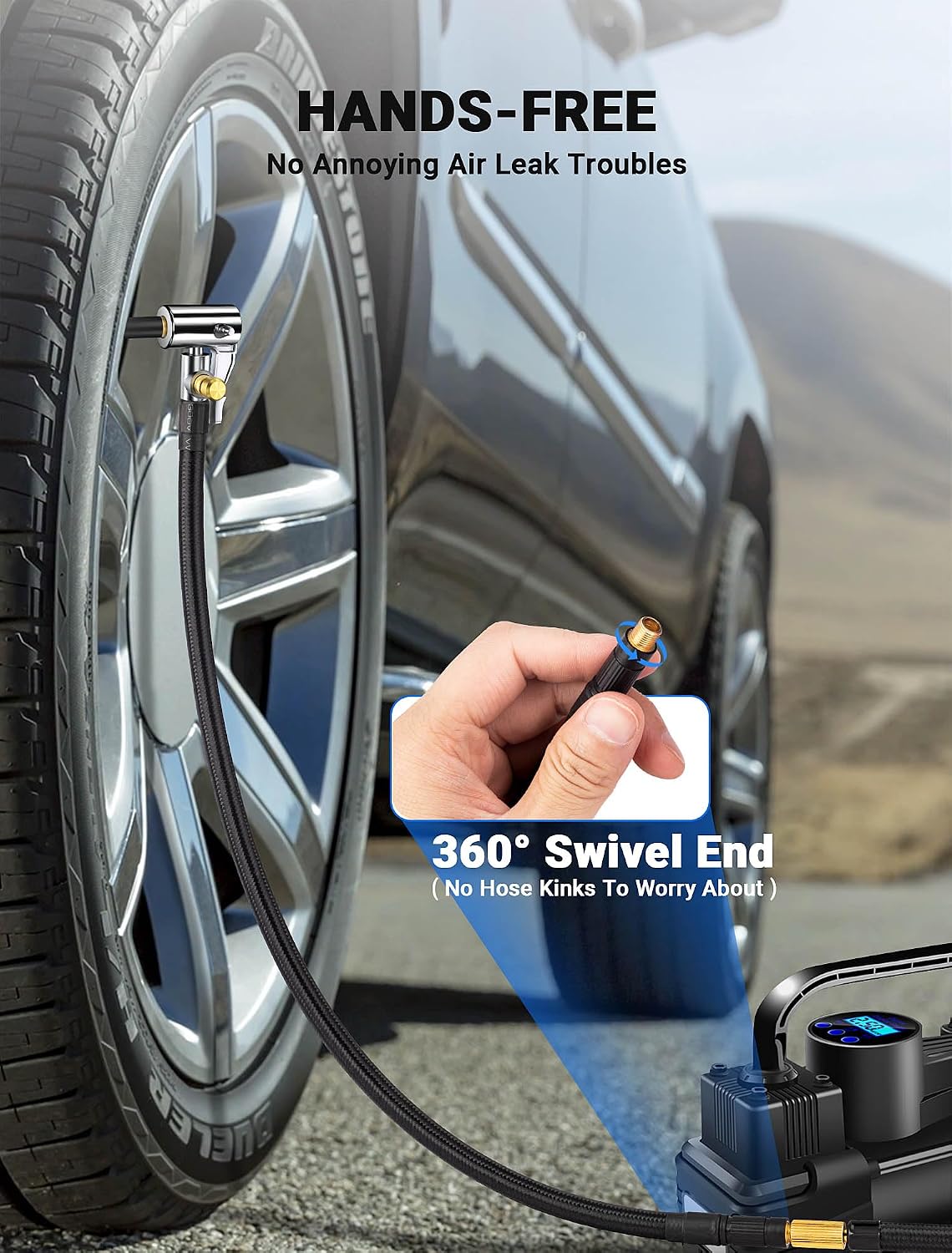 Upgraded Tire Inflator Hose Adapter w/360° Rotating End, 21'' Tire Inflation Hose w/Self-Locking Air Chuck for Quick Connect & Release, Presta Valve & Ball Needle for Tire Pump Portable Air Compressor