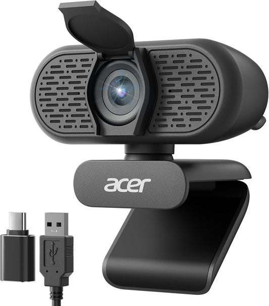 Acer 1080p Webcam USB Plug and Play Webcam for PC with Noise Cancellation Microphones Computer Camera for Desktop Streaming Gaming Online Meeting Wide Angle Privacy Cover A-to-C Adapter Easy Setup