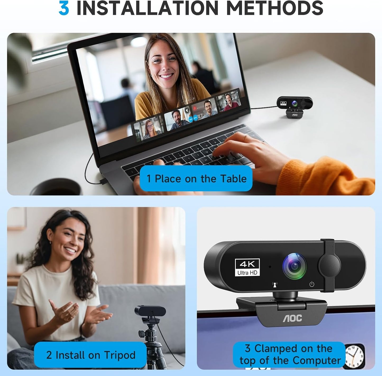 AOC 4K Webcam for PC, Streaming Computer Camera with Noise-Canceling Mic | 90° FOV, Privacy Cover, Plug & Play, Zoom/Skype/FaceTime Compatible, Works with Mac/Laptop/Switch 2, USB C-A Adapter Included