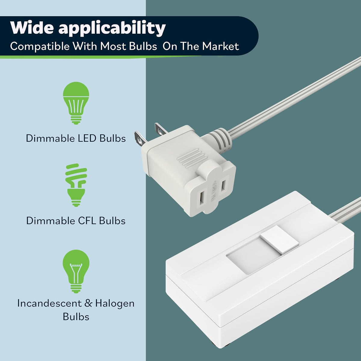 TOPGREENER Plug-in Dimmer Switch for Lamps, 6-Foot Cord, White, 1 Pack | 150W dimmable LED/CFL or 360W incandescent/halogen. Quiet slide control. Not for fans, motors or transformers. ETL Listed