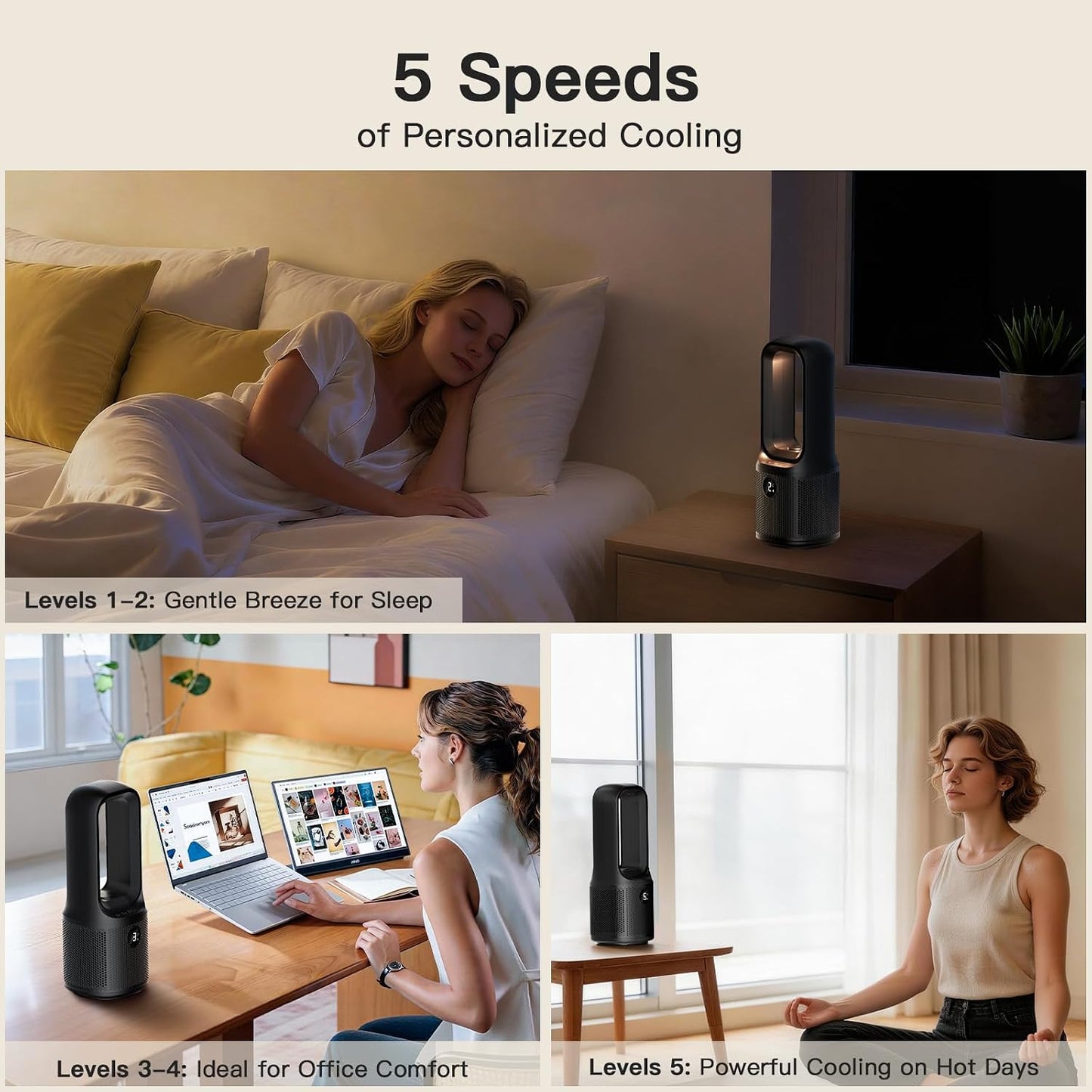 let'me Bladeless Desk Fan Small Quiet, 5-Speed Bedside Table Fan with 3-Level Brightness Night Light, 72° Oscillation, 9-Hour Timer, Wired Power with Adapter, Fan for Bedroom Office Home, 13x5 Inch