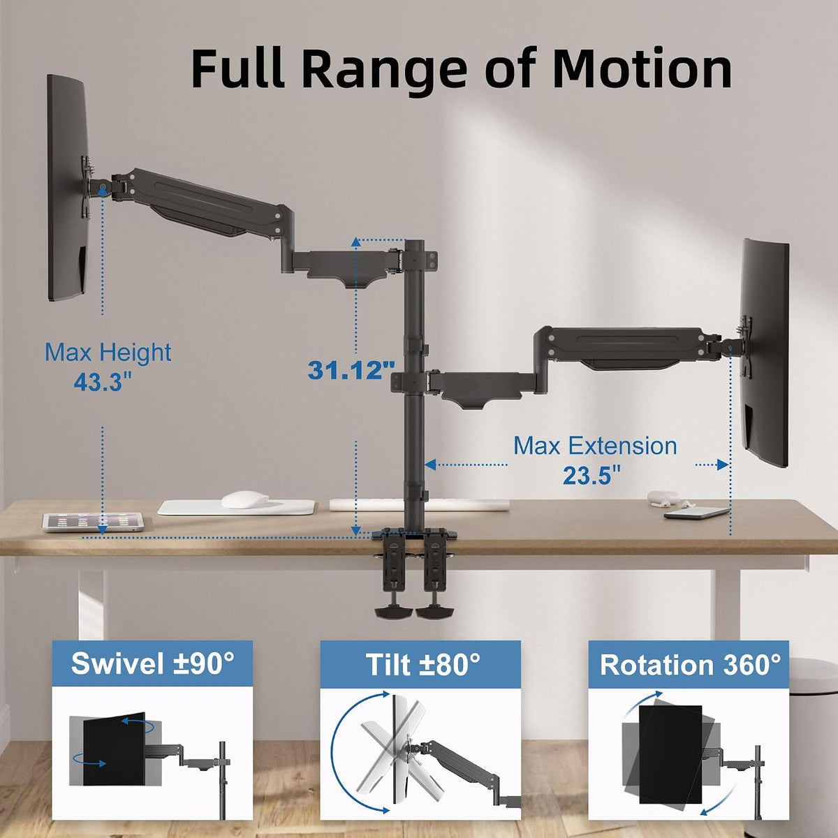 Suptek Dual Monitor Mount Stand-Height Adjustable Gas Spring Monitor Arm Desk Mount for 2 Computer Screens 17 to 34 inches - Each Arm Holds up to 24.25lbs (MD8822)