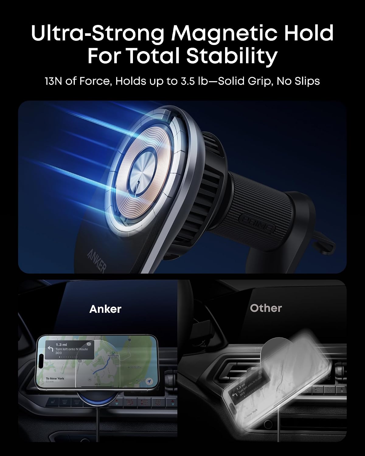 Anker Prime Qi2 25W MagSafe Compatible Wireless Car Charger Mount | AirCool Phone Holder with Vent Clip and Fast Power, for iPhone 17 - 12 Series, and More (Adapter Included)